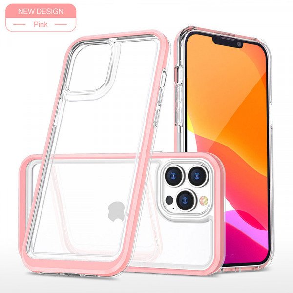 Wholesale Strong Crystal Clear Slim Hard Bumper Protective Case for Apple iPhone 13 Pro Max (Pink)
