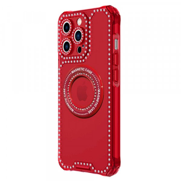 Wholesale Color Transparent Crystal Diamond MagSafe Case with MagSafe Feature and Camera Lens Protection for iPhone 14 Pro Max [6.7] (Red)