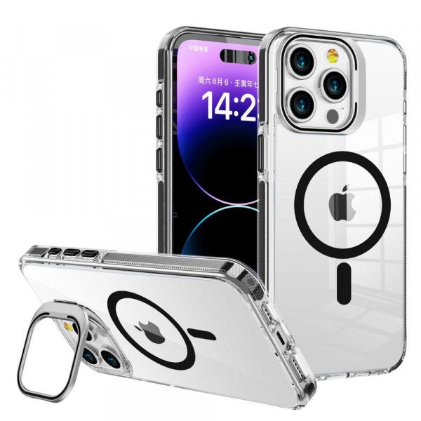 Wholesale Crystal Clear MagSafe Phone Case with Built-In Magnetic Ring and Kickstand for Apple iPhone 15 Pro Max (Black)