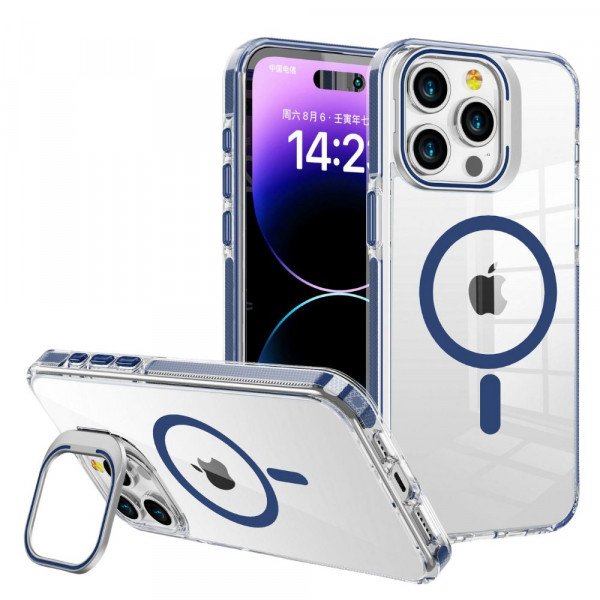 Wholesale Crystal Clear MagSafe Phone Case with Built-In Magnetic Ring and Kickstand for Apple iPhone 15 Pro Max (Blue)