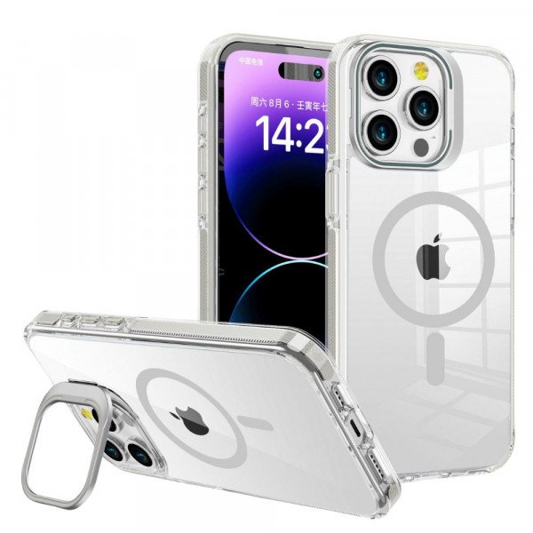 Wholesale Crystal Clear MagSafe Phone Case with Built-In Magnetic Ring and Kickstand for Apple iPhone 15 Pro Max (Gray)