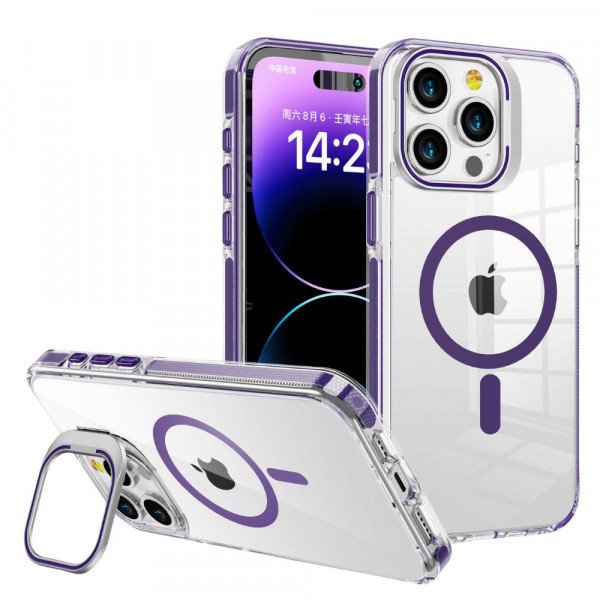 Wholesale Crystal Clear MagSafe Phone Case with Built-In Magnetic Ring and Kickstand for Apple iPhone 15 Pro Max (Purple)