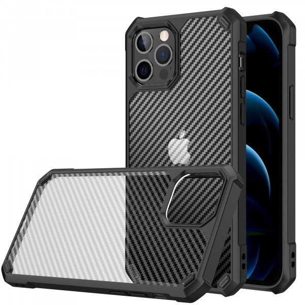 Wholesale Super Armor Translucent Carbon Fiber Design Hybrid Case for Apple iPhone 13 Pro Max (Black)