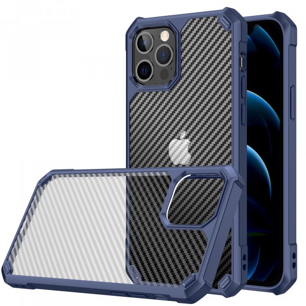 Wholesale Super Armor Translucent Carbon Fiber Design Hybrid Case for Apple iPhone 13 Pro Max (Navy Blue)