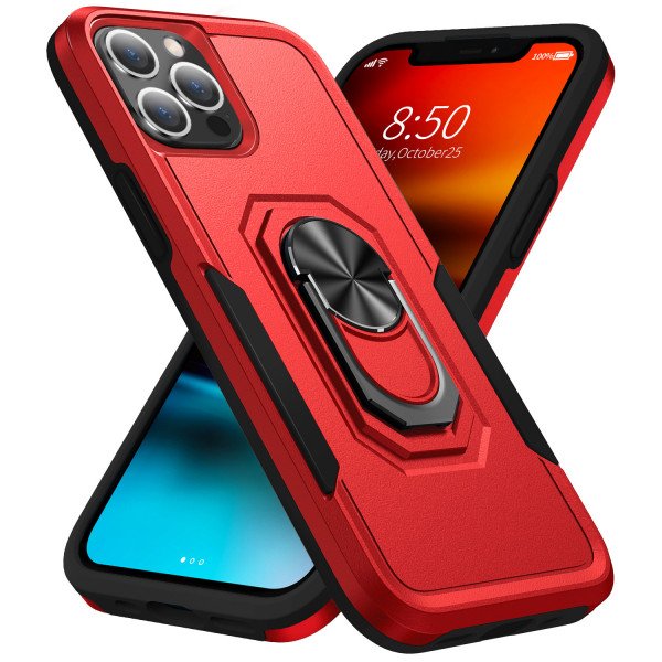 Wholesale Heavy Duty Strong Armor Ring Stand Grip Hybrid Trailblazer Case Cover for Apple iPhone 13 Pro (Red)