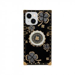 Lucky Clover Heavy Duty Diamond Ring Stand Grip Hybrid Case Cover for iPhone 14 [6.1] (Black)