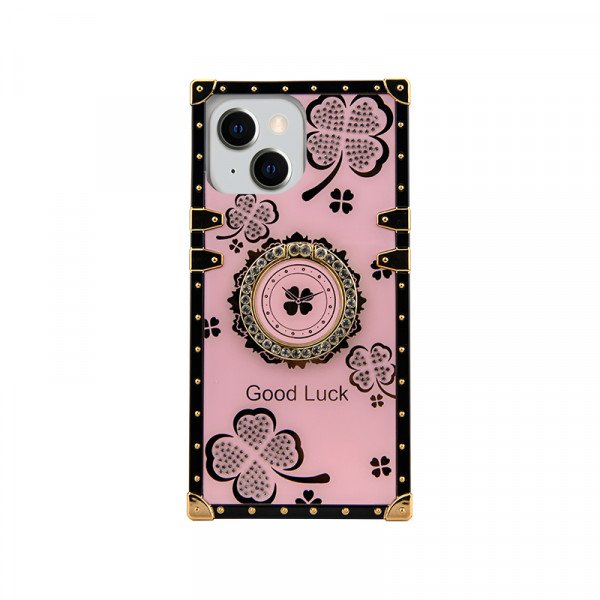 Wholesale Lucky Clover Heavy Duty Diamond Ring Stand Grip Hybrid Case Cover for iPhone 14 [6.1] (Pink)