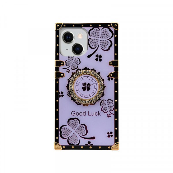 Wholesale Lucky Clover Heavy Duty Diamond Ring Stand Grip Hybrid Case Cover for iPhone 14 [6.1] (Purple)