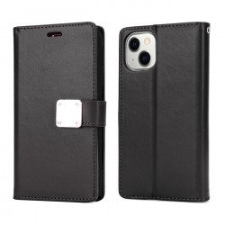 Multi Pockets Folio Flip Leather Wallet Case with Strap for iPhone 14 [6.1] / 16e (Black)