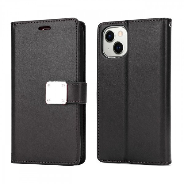 Wholesale Multi Pockets Folio Flip Leather Wallet Case with Strap for iPhone 14 [6.1] (Black)