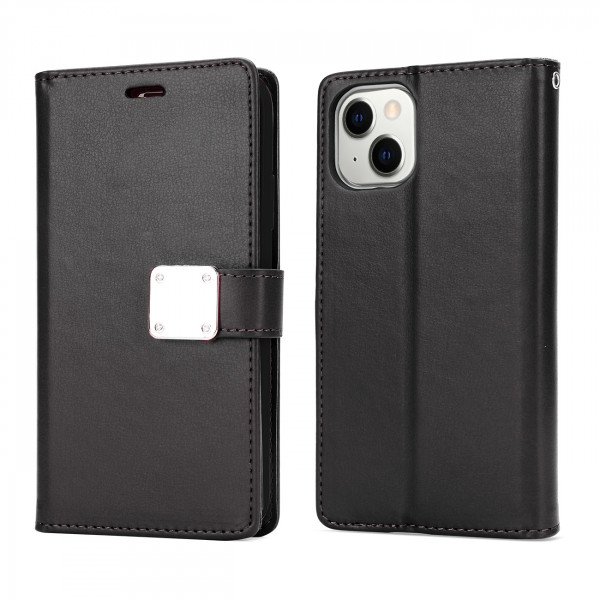 Wholesale Multi Pockets Folio Flip Leather Wallet Case with Strap for iPhone 14 [6.1] / 16e (Black)