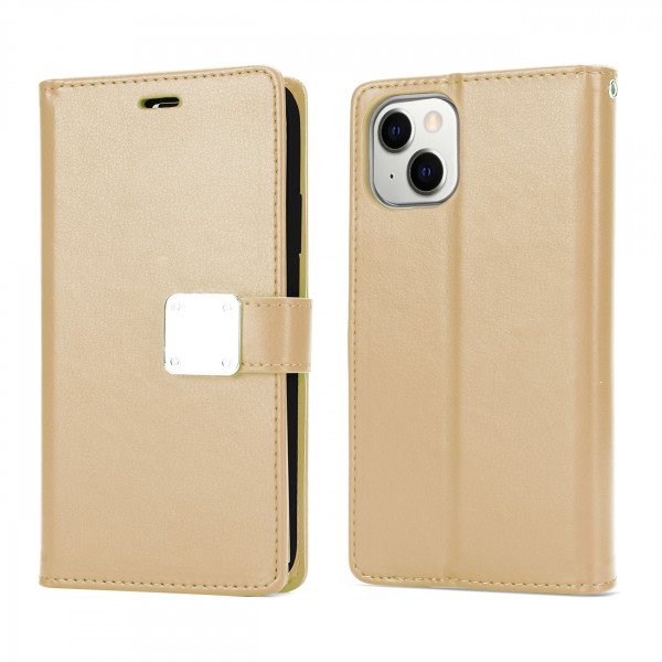 Wholesale Multi Pockets Folio Flip Leather Wallet Case with Strap for iPhone 14 [6.1] (Gold)
