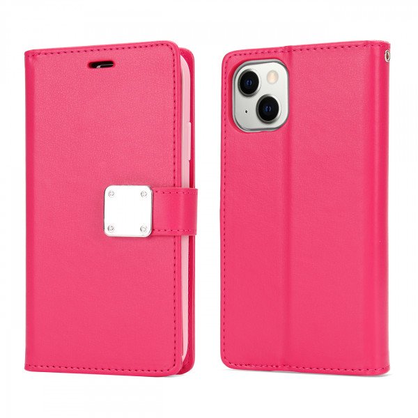 Wholesale Multi Pockets Folio Flip Leather Wallet Case with Strap for iPhone 14 [6.1] (Hot Pink)