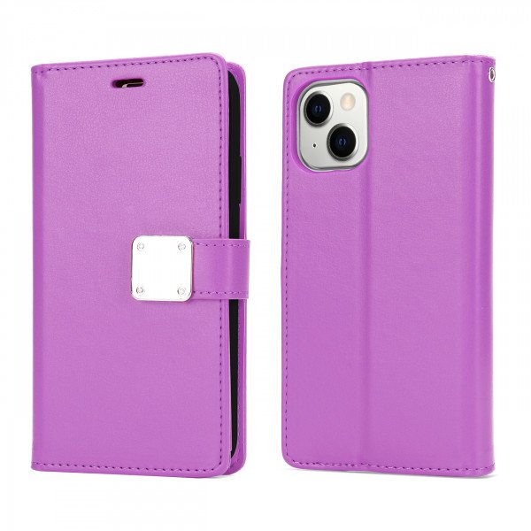 Wholesale Multi Pockets Folio Flip Leather Wallet Case with Strap for iPhone 14 [6.1] (Purple)