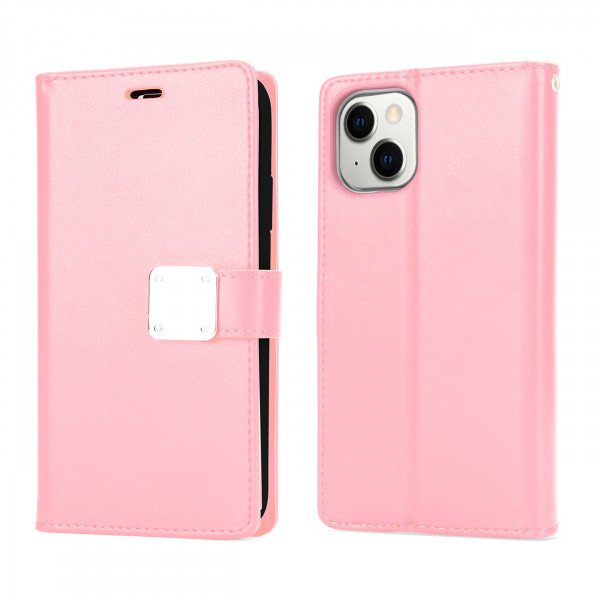 Wholesale Multi Pockets Folio Flip Leather Wallet Case with Strap for iPhone 14 [6.1] (Rose Gold)
