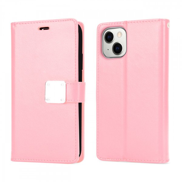Wholesale Multi Pockets Folio Flip Leather Wallet Case with Strap for iPhone 14 [6.1] / 16e (Rose Gold)