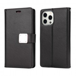 Multi Pockets Folio Flip Leather Wallet Case with Strap for iPhone 14 Pro [6.1] (Black)
