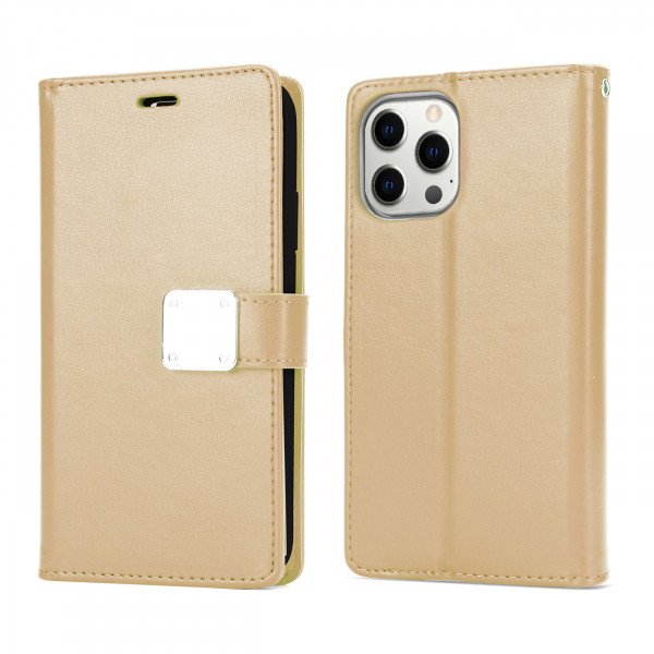 Wholesale Multi Pockets Folio Flip Leather Wallet Case with Strap for Apple iPhone 14 Pro [6.1] (Gold)