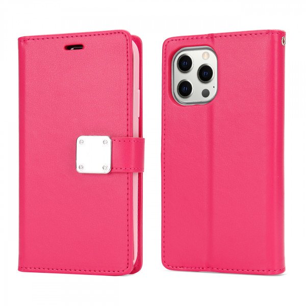 Wholesale Multi Pockets Folio Flip Leather Wallet Case with Strap for iPhone 14 Pro [6.1] (Hot Pink)