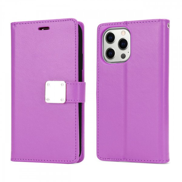 Wholesale Multi Pockets Folio Flip Leather Wallet Case with Strap for iPhone 14 Pro [6.1] (Purple)