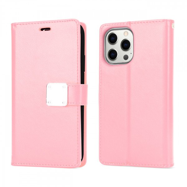 Wholesale Multi Pockets Folio Flip Leather Wallet Case with Strap for iPhone 14 Pro [6.1] (Rose Gold)