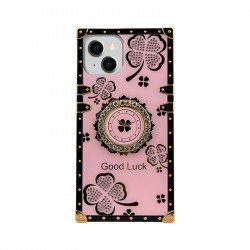 Lucky Clover Heavy Duty Diamond Ring Stand Grip Hybrid Case Cover for iPhone 14 Plus [6.7] (Pink)