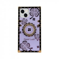 Lucky Clover Heavy Duty Diamond Ring Stand Grip Hybrid Case Cover for iPhone 14 Plus [6.7] (Purple)