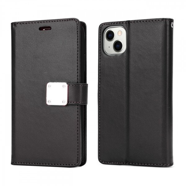 Wholesale Multi Pockets Folio Flip Leather Wallet Case with Strap for iPhone 14 Plus [6.7] (Black)
