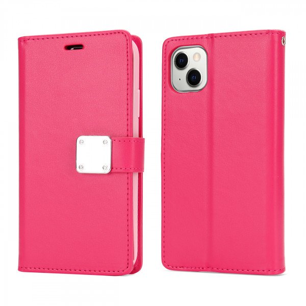 Wholesale Multi Pockets Folio Flip Leather Wallet Case with Strap for iPhone 14 Plus [6.7] (Hot Pink)