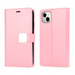 Multi Pockets Folio Flip Leather Wallet Case with Strap for iPhone 14 Plus [6.7] (Rose Gold)