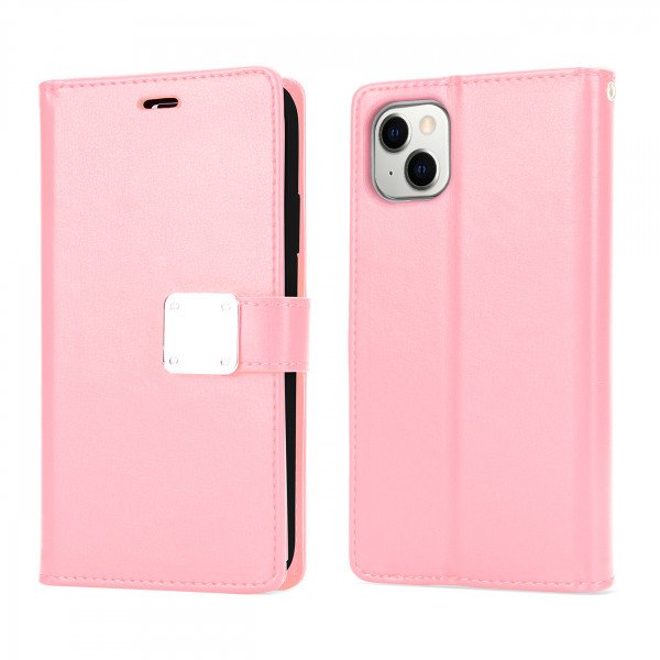 Wholesale Multi Pockets Folio Flip Leather Wallet Case with Strap for Apple iPhone 14 Plus [6.7] (Rose Gold)