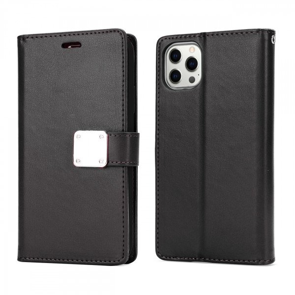 Wholesale Multi Pockets Folio Flip Leather Wallet Case with Strap for iPhone 14 Pro Max [6.7] (Black)