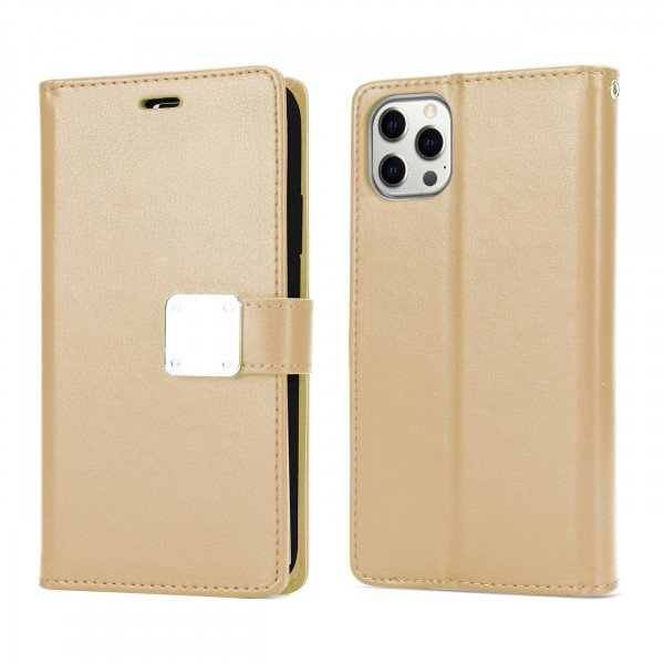 Wholesale Multi Pockets Folio Flip Leather Wallet Case with Strap for Apple iPhone 14 Pro Max [6.7] (Gold)