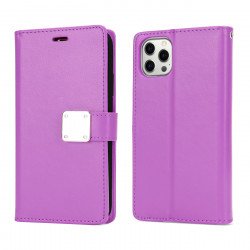 Multi Pockets Folio Flip Leather Wallet Case with Strap for iPhone 14 Pro Max [6.7] (Purple)