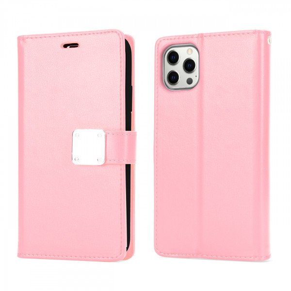 Wholesale Multi Pockets Folio Flip Leather Wallet Case with Strap for iPhone 14 Pro Max [6.7] (Rose Gold)