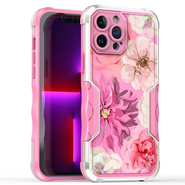 Wholesale Design Fashion Picture Design Strong Shockproof Hybrid Grip Case Cover for Apple iPhone 14 Pro Max [6.7] (Flower Hot Pink)