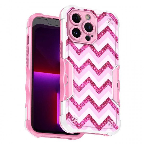 Wholesale Design Fashion Picture Design Strong Shockproof Hybrid Grip Case Cover for iPhone 14 Pro Max [6.7] (Zigzag Hot Pink)