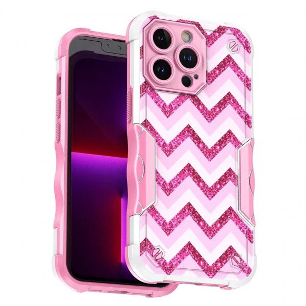 Wholesale Design Fashion Picture Design Strong Shockproof Hybrid Grip Case Cover for iPhone 14 [6.1] (Zigzag Hot Pink)