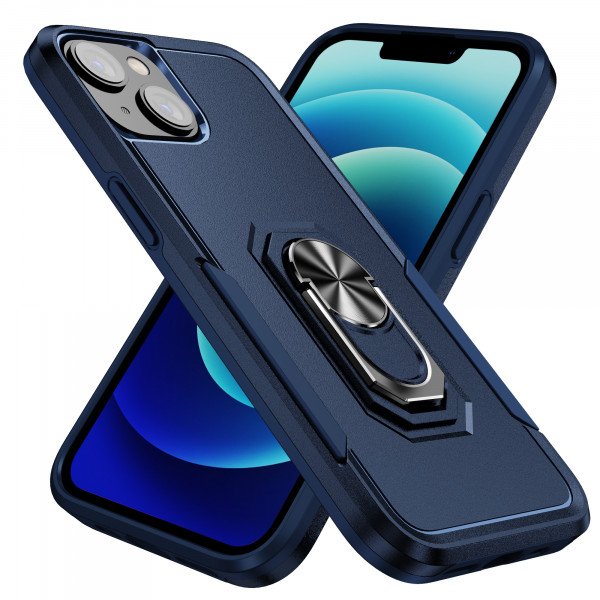 Wholesale Heavy Duty Strong Armor Ring Stand Grip Hybrid Trailblazer Case Cover for iPhone 14 [6.1] / 16e (Navy Blue)
