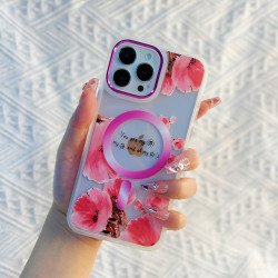 Chrome Button Transparent Slim Flower Design Magsafe Magnetic Clear Armor Cover Case for iPhone 14 Pro Max [6.7] (Hot Pink)