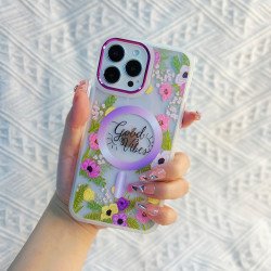 Chrome Button Transparent Slim Flower Design Magsafe Magnetic Clear Armor Cover Case for iPhone 14 Pro Max [6.7] (Lavender)