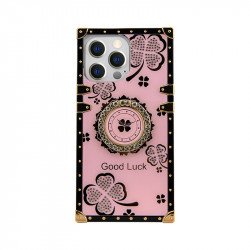 Lucky Clover Heavy Duty Diamond Ring Stand Grip Hybrid Case Cover for iPhone 14 Pro [6.1] (Pink)