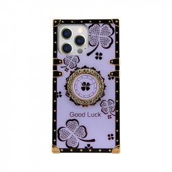 Lucky Clover Heavy Duty Diamond Ring Stand Grip Hybrid Case Cover for iPhone 14 Pro [6.1] (Purple)