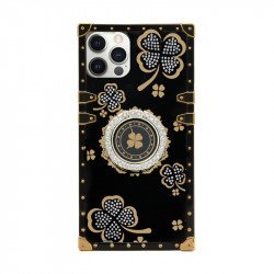 Lucky Clover Heavy Duty Diamond Ring Stand Grip Hybrid Case Cover for iPhone 14 Pro Max [6.7] (Black)