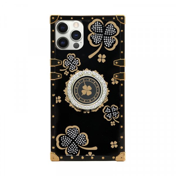 Wholesale Lucky Clover Heavy Duty Diamond Ring Stand Grip Hybrid Case Cover for Apple iPhone 14 Pro Max [6.7] (Black)