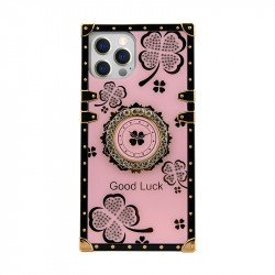 Lucky Clover Heavy Duty Diamond Ring Stand Grip Hybrid Case Cover for iPhone 14 Pro Max [6.7] (Pink)