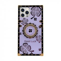 Lucky Clover Heavy Duty Diamond Ring Stand Grip Hybrid Case Cover for iPhone 14 Pro Max [6.7] (Purple)