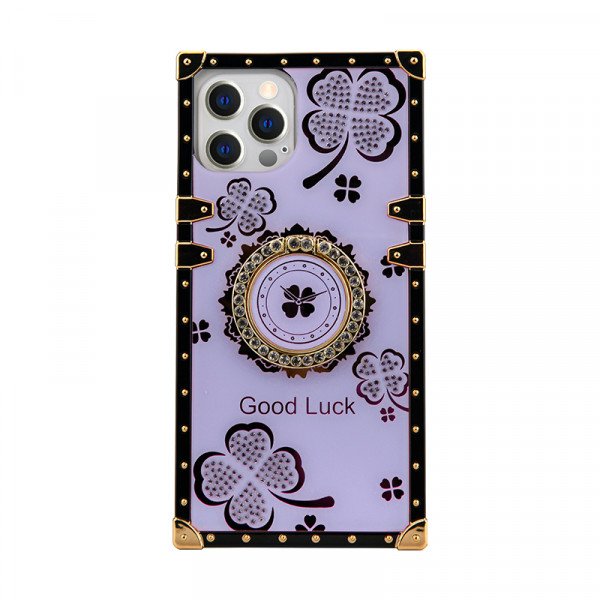 Wholesale Lucky Clover Heavy Duty Diamond Ring Stand Grip Hybrid Case Cover for iPhone 14 Pro Max [6.7] (Purple)