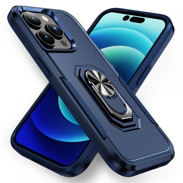 Wholesale Heavy Duty Strong Armor Ring Stand Grip Hybrid Trailblazer Case Cover for iPhone 14 Pro [6.1] (Navy Blue)