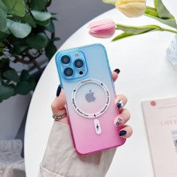 Transparent Slim Rainbow Gradient Magnetic Magsafe Circle TPU Cover Case With Camera Lens Cover for iPhone 14 [6.1] (Blue/Pink)